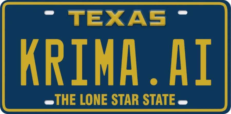 The plate to look for: a Texas license plate reading KRIMA.AI